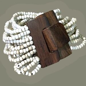 Vintage Gerda Lynggaard Monies Glass Seed Bead + Hand carved Wood Clap Bracelet